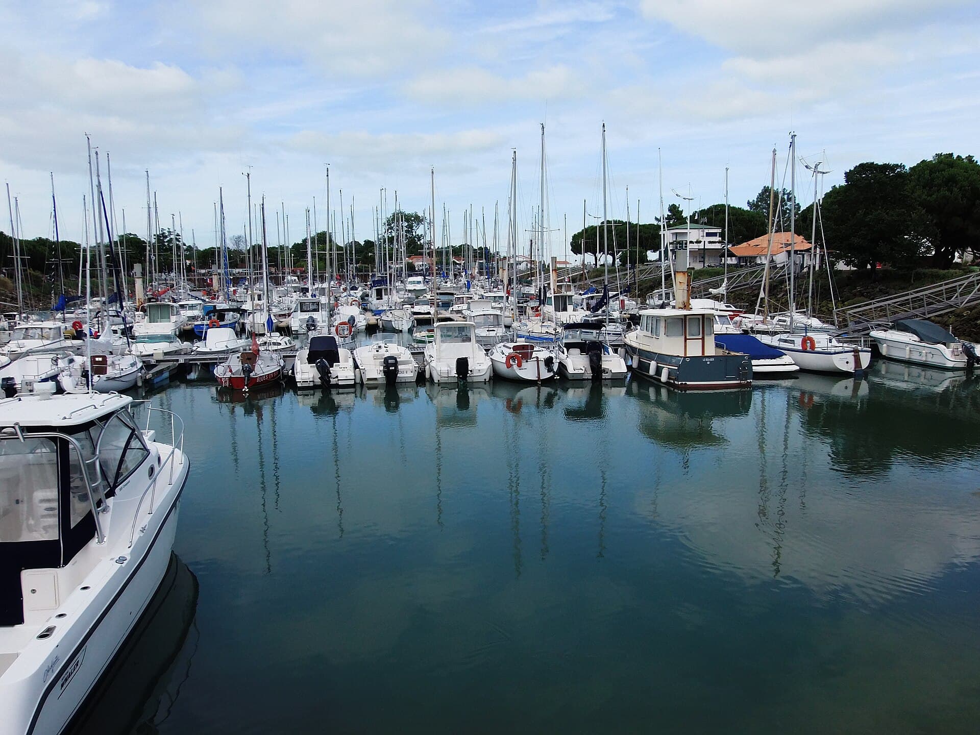 Voiliers et bateaux à moteur amarrés dans le port de plaisance de Boyardville, leurs mâts se reflétant dans l'eau calme.