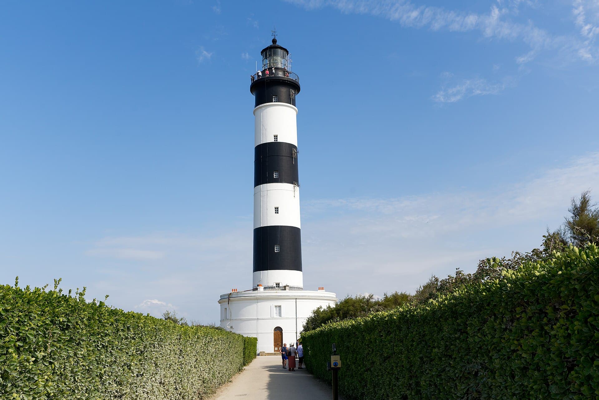Le phare de Chassiron, haute tour rayée de noir et de blanc, au bout d'une allée bordée de haies vertes, sous un ciel bleu.