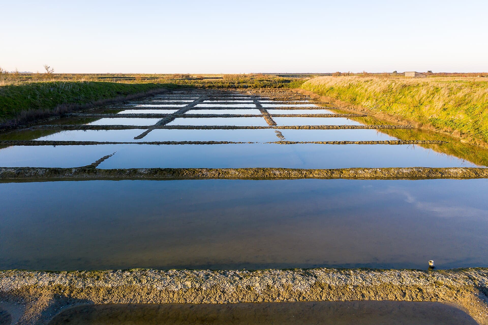 Les bassins géométriques des marais salants de Loix, sur l'île de Ré, dont l'eau immobile reflète le ciel en fin de journée
