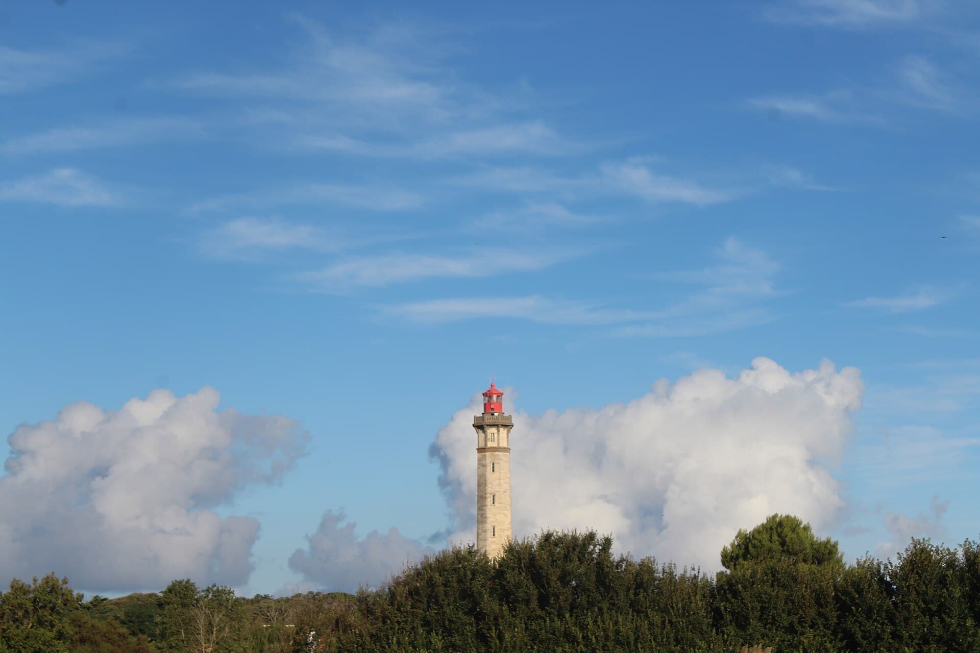 Le phare des Baleines, tour de pierre claire coiffée d'une lanterne rouge, dominant les pins sous un ciel bleu parsemé de nuages